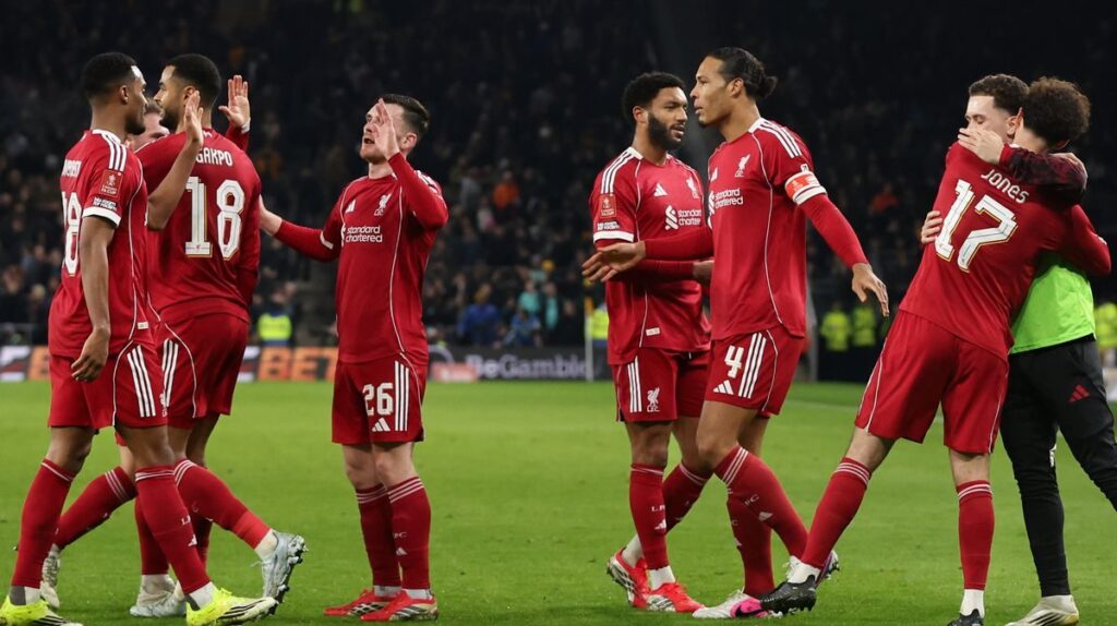 Mohamed Salah celebrating a goal for Liverpool against Fulham at Anfield