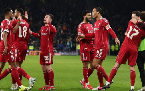 Mohamed Salah celebrating a goal for Liverpool against Fulham at Anfield