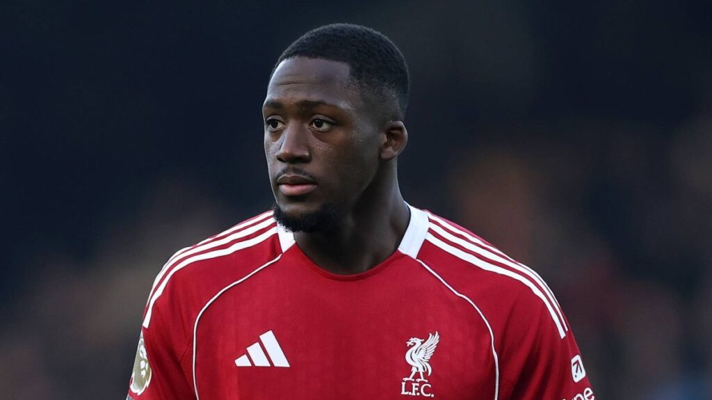 Ibrahima Konate pointing and giving instructions during a Liverpool match