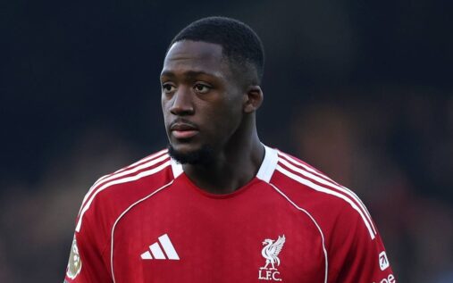 Ibrahima Konate pointing and giving instructions during a Liverpool match