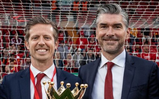 Liverpool transfer executives Michael Edwards and Richard Hughes standing at Anfield