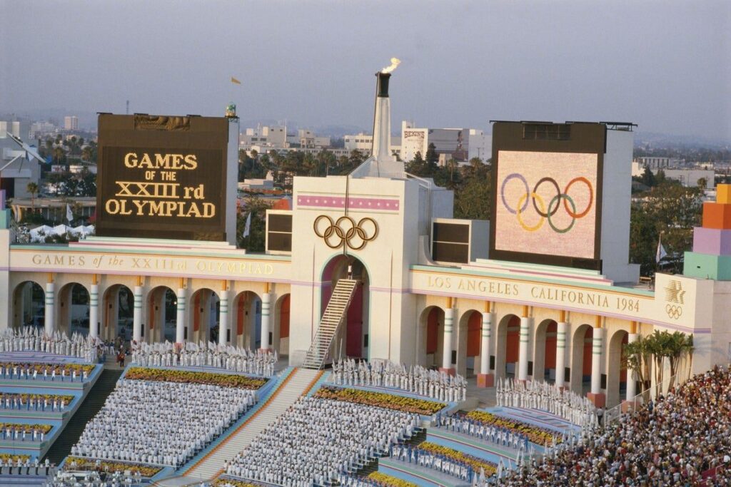 The Los Angeles 2028 Olympic logo displayed outside a sporting venue