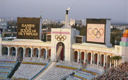 The Los Angeles 2028 Olympic logo displayed outside a sporting venue