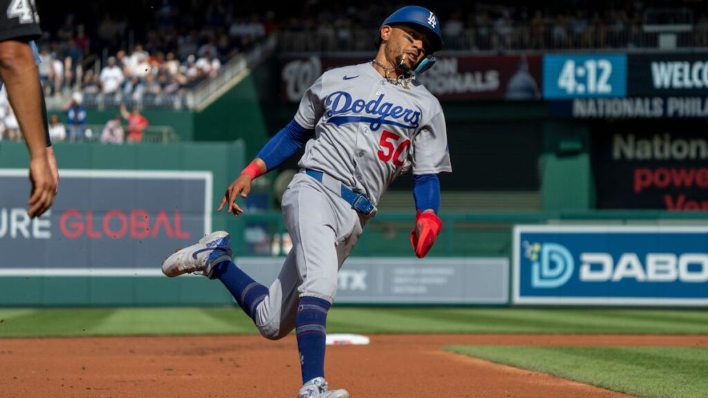 Mookie Betts of the Los Angeles Dodgers batting during a Major League Baseball game