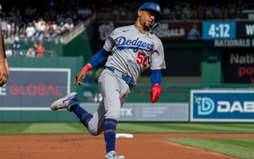 Mookie Betts of the Los Angeles Dodgers batting during a Major League Baseball game