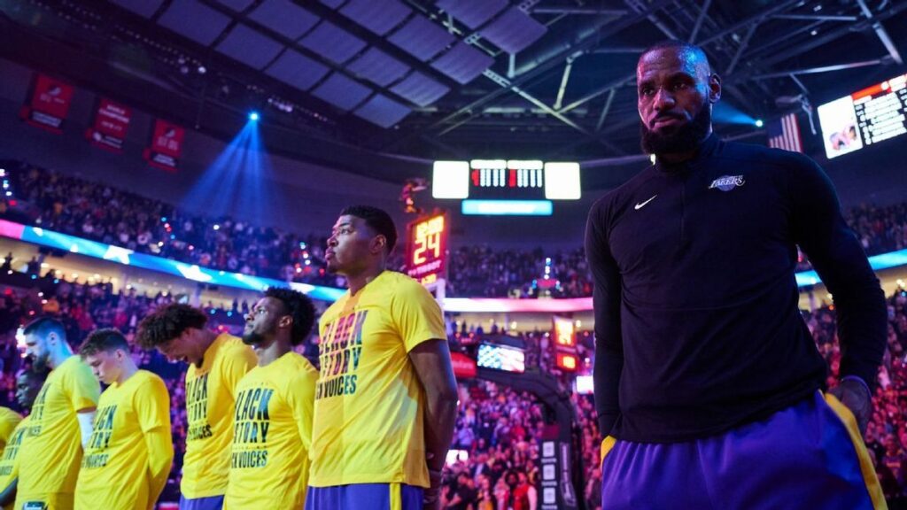 Los Angeles Lakers forward LeBron James looks concerned on the basketball court