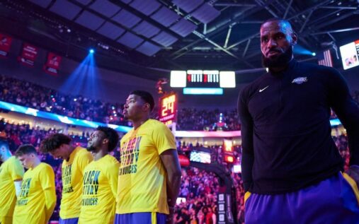 Los Angeles Lakers forward LeBron James looks concerned on the basketball court