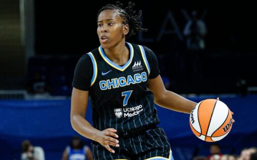 Ariel Atkins dribbling the basketball during a WNBA game