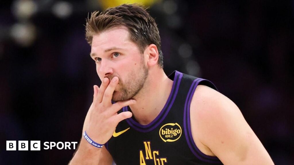 Luka Doncic of the Los Angeles Lakers celebrating on the court during an NBA basketball game