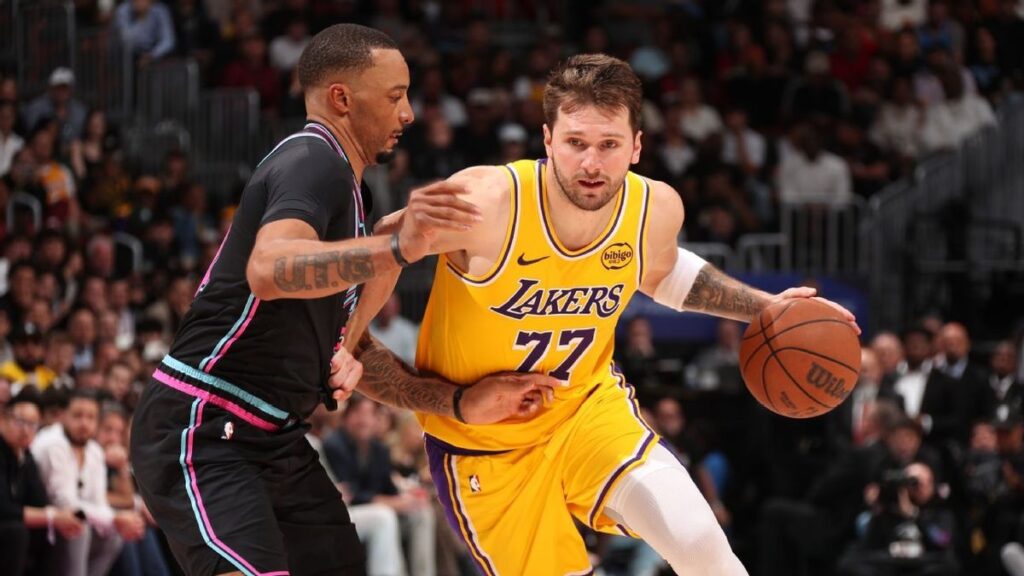 Luka Doncic of the Los Angeles Lakers dribbling a basketball on the court