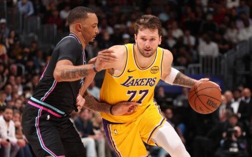 Luka Doncic of the Los Angeles Lakers dribbling a basketball on the court