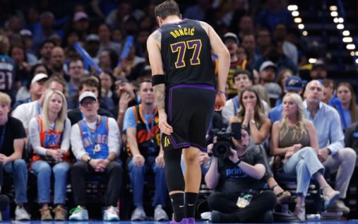 Luka Doncic of the Los Angeles Lakers walking off the basketball court