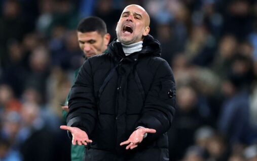 Manchester City manager Pep Guardiola looking concerned on the touchline during a Premier League match
