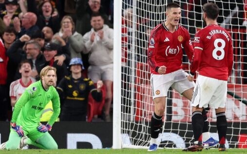 Manchester United players celebrate scoring a goal against Brentford in the Premier League at Old Trafford