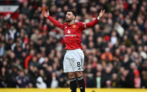 Manchester United captain Bruno Fernandes looking thoughtful on the pitch