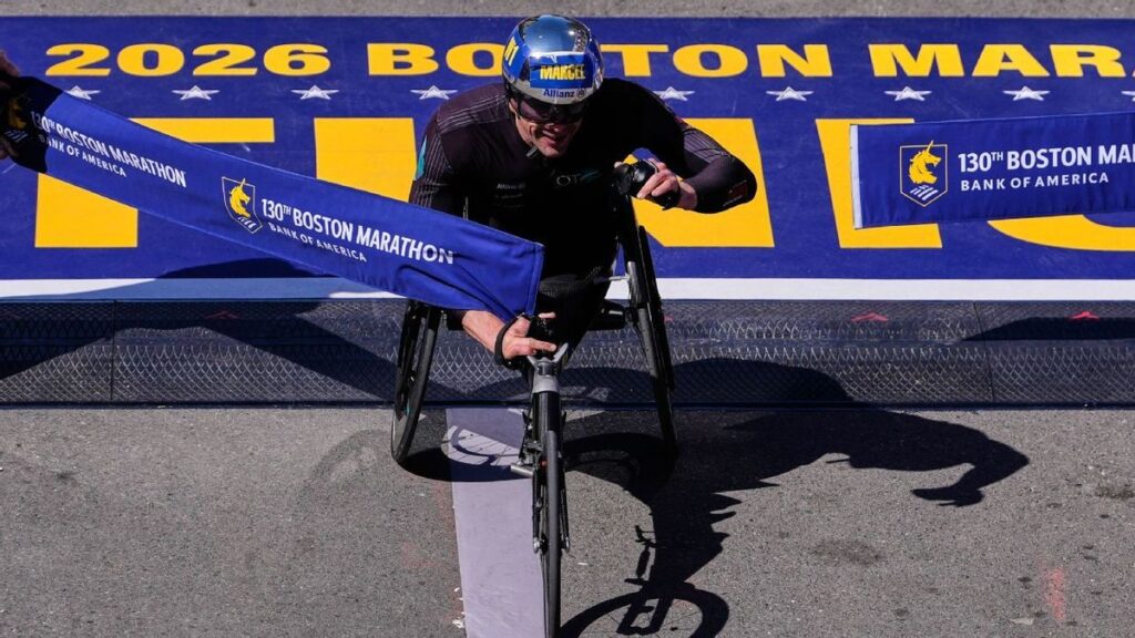 Marcel Hug competing in his racing wheelchair at the Boston Marathon
