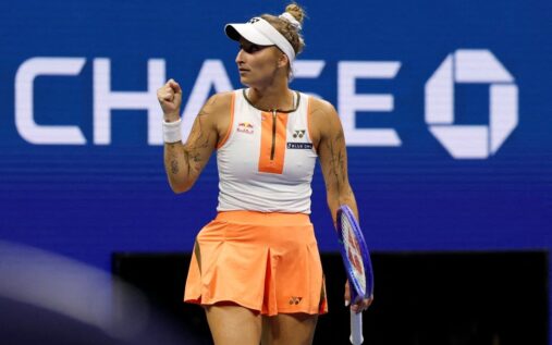 Marketa Vondrousova looking contemplative on a tennis court