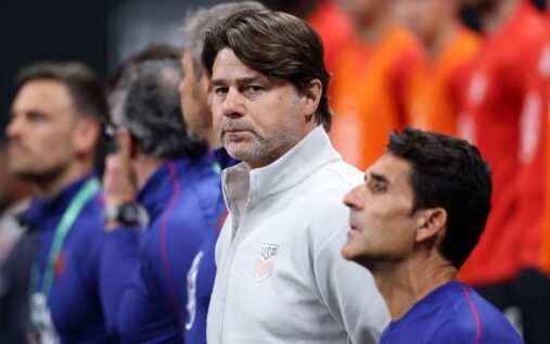 USMNT manager Mauricio Pochettino looking thoughtful on the touchline during an international match