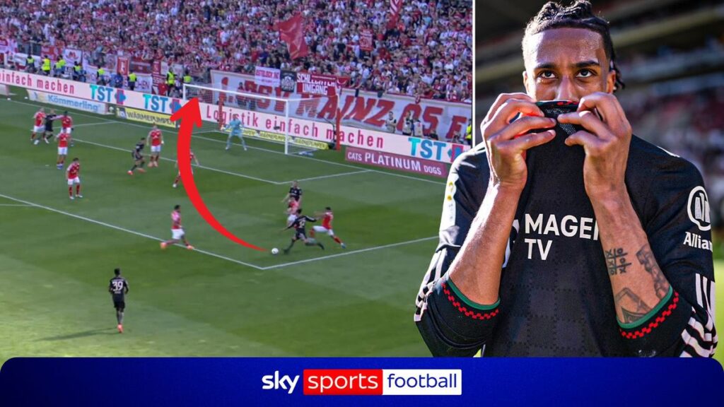 Michael Olise celebrating a goal for Bayern Munich against Mainz