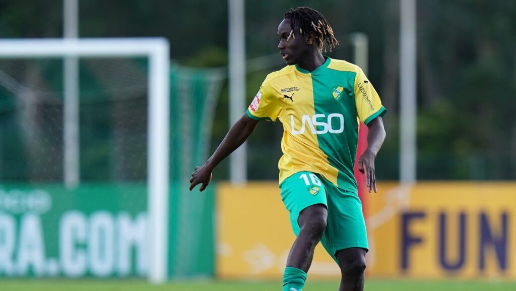 FC Midtjylland midfielder Alamara Djabi looking on during a European football match