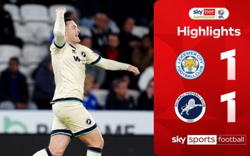 Millwall players celebrating a late equalising goal against Leicester City in the Championship