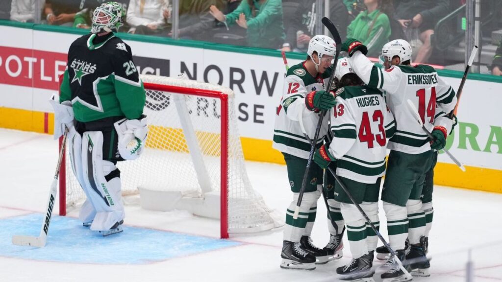 Dallas Stars goaltender Jake Oettinger looking dejected on the ice during the 6-1 playoff defeat to the Minnesota Wild.