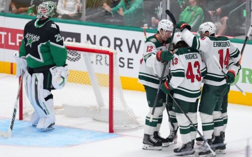 Dallas Stars goaltender Jake Oettinger looking dejected on the ice during the 6-1 playoff defeat to the Minnesota Wild.