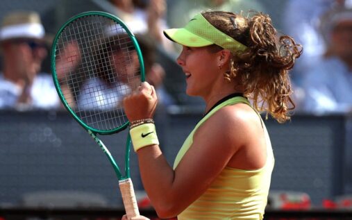 Mirra Andreeva celebrating a point on the clay courts at the Madrid Open