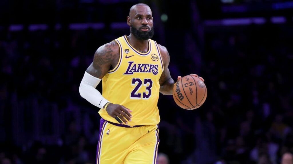 Los Angeles Lakers star LeBron James looking thoughtful on the basketball court