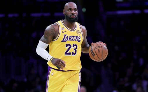 Los Angeles Lakers star LeBron James looking thoughtful on the basketball court