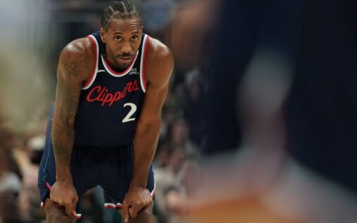 LA Clippers forward Kawhi Leonard standing on the court during an NBA basketball game