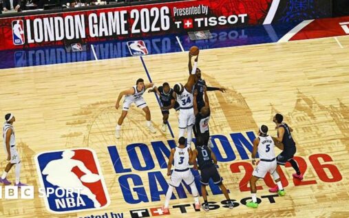 NBA logo displayed on a basketball court highlighting the proposed European franchise expansion