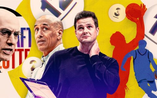 A basketball sitting on an NBA court during a regular season game