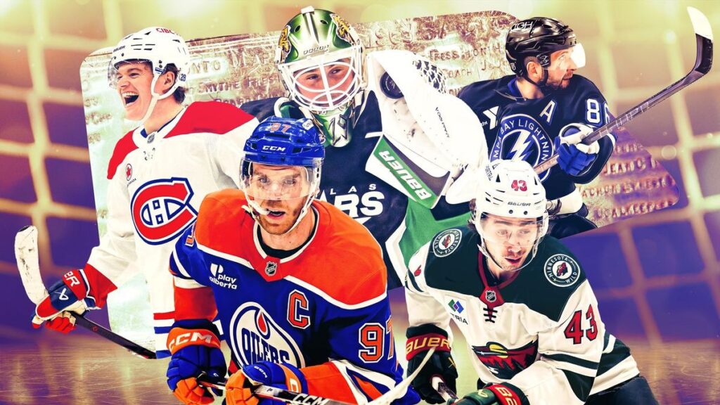 Nathan MacKinnon of the Colorado Avalanche skating with the puck on the ice