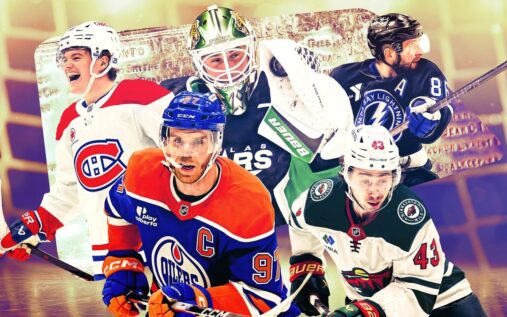 Nathan MacKinnon of the Colorado Avalanche skating with the puck on the ice