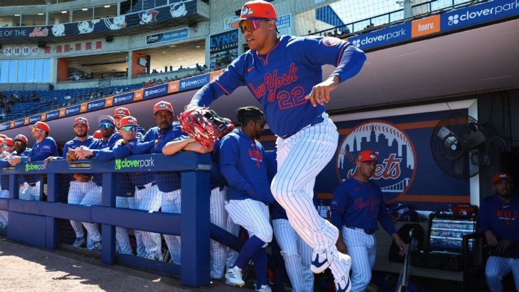 New York Mets outfielder Juan Soto preparing to bat during a Major League Baseball game