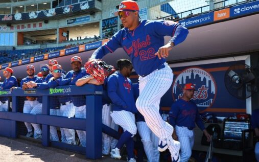New York Mets outfielder Juan Soto preparing to bat during a Major League Baseball game