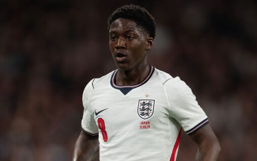 Close-up of the new Nike England World Cup football shirt highlighting the shoulder stitching