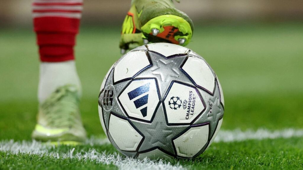 A split image showing a Nike football alongside the iconic Adidas Champions League starball design