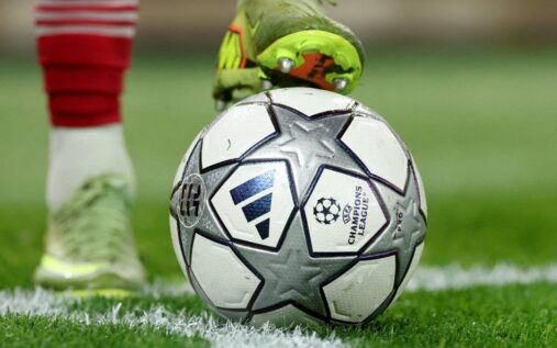 A split image showing a Nike football alongside the iconic Adidas Champions League starball design