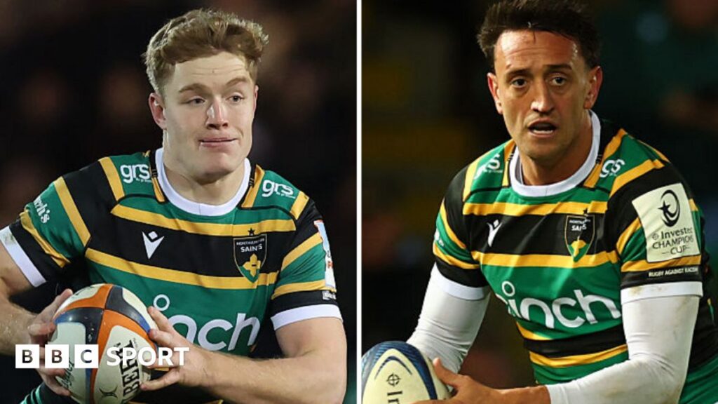 Fin Smith of Northampton Saints passing the ball during a rugby match