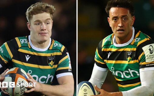 Fin Smith of Northampton Saints passing the ball during a rugby match