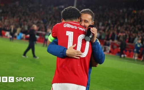 Nottingham Forest players celebrating their Europa League quarter-final victory over Porto