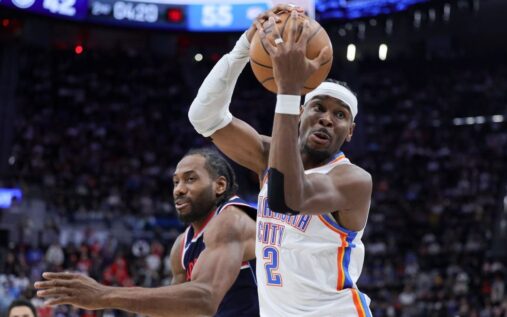 Chet Holmgren shooting the ball for the Oklahoma City Thunder during their NBA victory over the LA Clippers