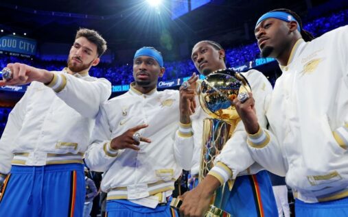 Oklahoma City Thunder players in action during an NBA playoff game