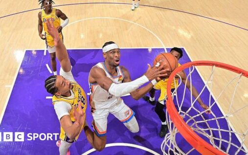 Shai Gilgeous-Alexander shooting the basketball for the Oklahoma City Thunder against the Los Angeles Lakers