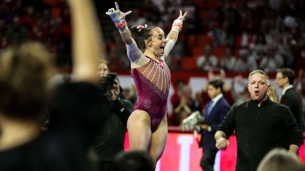 Oklahoma Sooners gymnast Faith Torrez competing during the NCAA gymnastics championships in Fort Worth