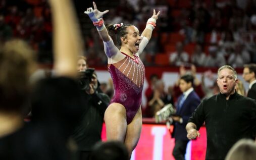 Oklahoma Sooners gymnast Faith Torrez competing during the NCAA gymnastics championships in Fort Worth
