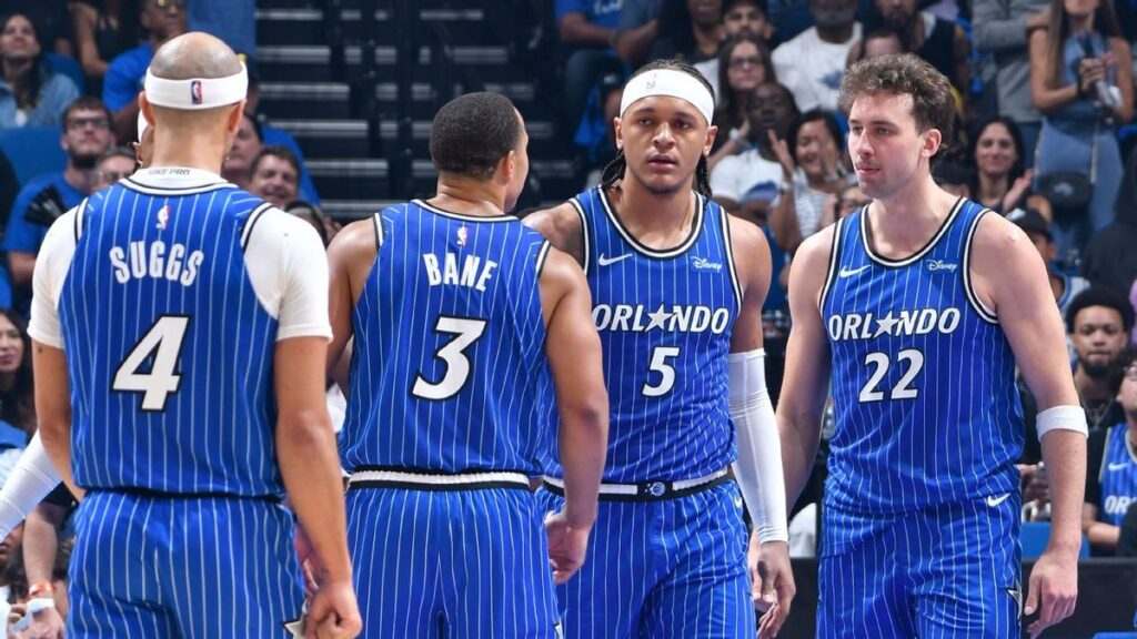 Paolo Banchero of the Orlando Magic dribbling the basketball against the Charlotte Hornets