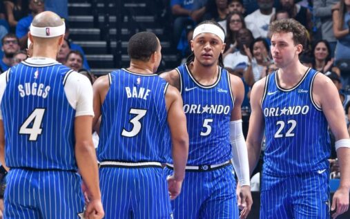 Paolo Banchero of the Orlando Magic dribbling the basketball against the Charlotte Hornets